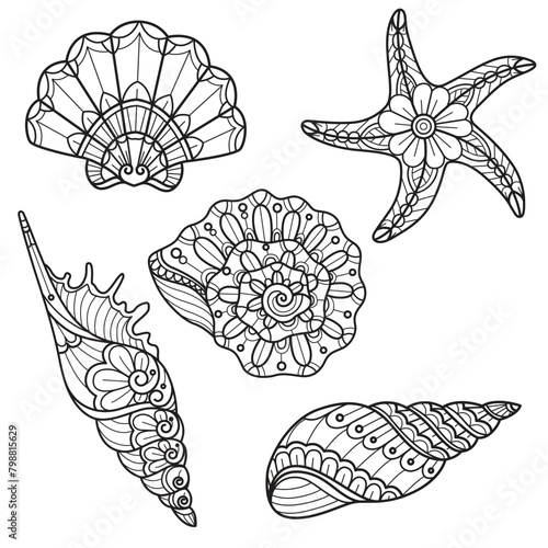 Shellfish pattern hand drawn for adult coloring book