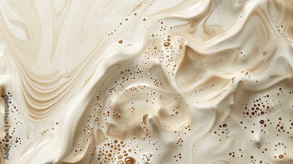A swirl of brown and white liquid with many bubbles. The swirl is made up of a mixture of milk and coffee A swirl of brown and white liquid with many bubbles. The swirl is made up of a mixture of milk and coffee