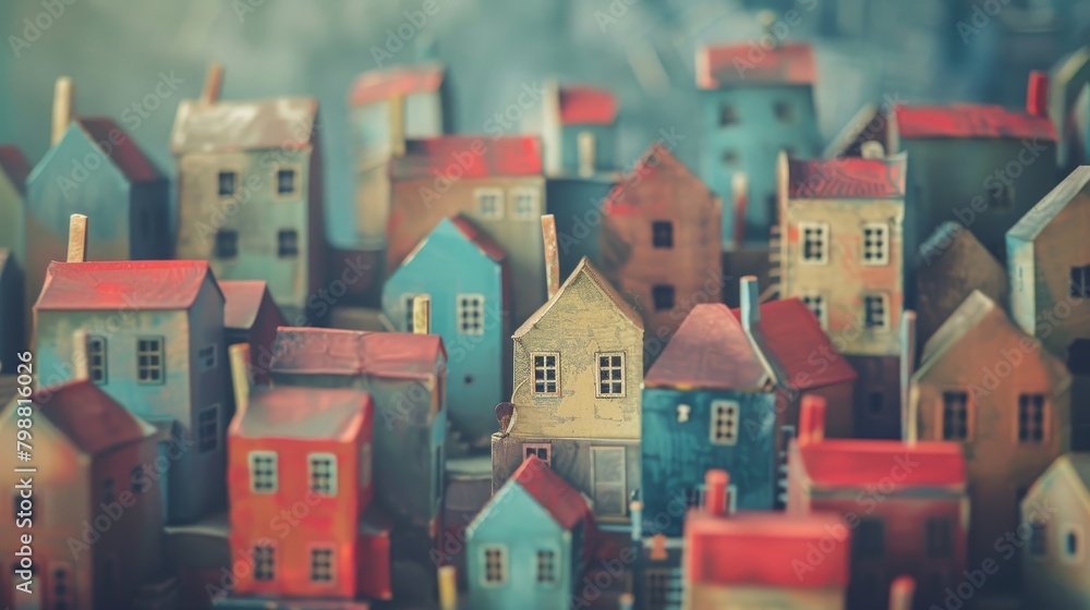 A row of colorful houses with a yellow house in the middle. The houses are small and made of cardboard A row of colorful houses with a yellow house in the middle. The houses are small and made of cardboard