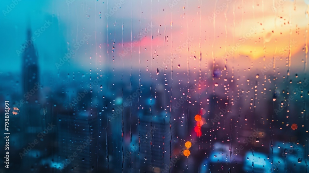 A city skyline with a large building in the background. The sky is a mix of blue and purple, and the city is covered in rain