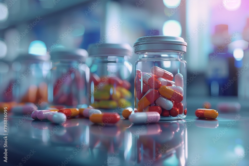 Multiple transparent medication bottles filled with colorful capsules on a reflective surface in a clinical setting.
Multiple transparent medication bottles filled with colorful capsules on a reflective surface in a clinical setting.