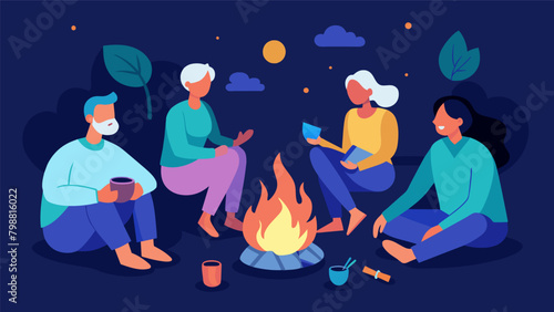 A group of family members sitting around a bonfire roasting marshmallows and sharing stories of their ancestors and their struggles.. Vector illustration