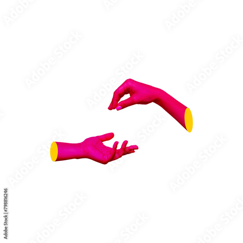 Hot pink female hand making a gesture like handing the object to outstretched hand isolated on white background. Handover. 3d creative trendy collage in magazine style. Contemporary art. Modern design