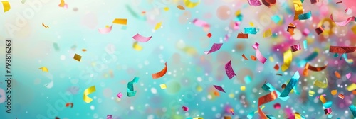A colorful explosion of confetti is falling from the sky. The confetti is in various colors and sizes, creating a festive and celebratory atmosphere. The scene is likely from a party or event