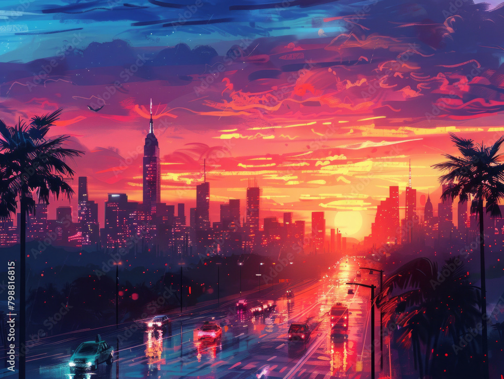 Colorful cityscape illustration at sunset