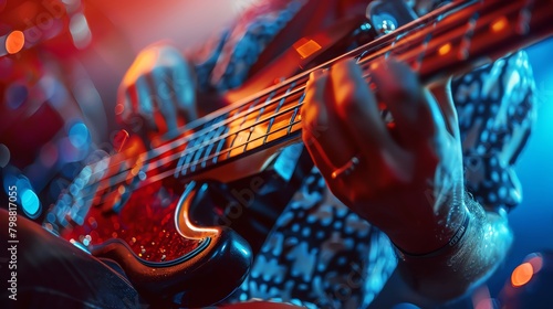 Bass guitar close-up, fingers plucking strings, the rhythm section of a rock band in the spotlight photo