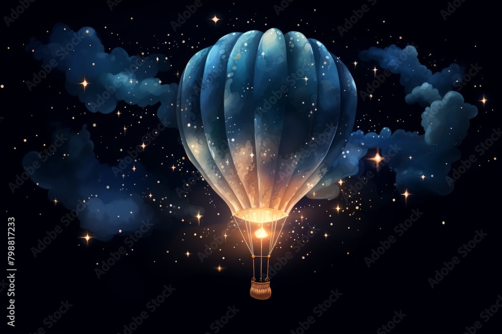Fototapeta premium A hot air balloon flies through a starry night sky.