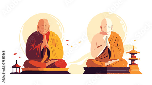 Buddhist monks praying to Buddha statue in holy rel