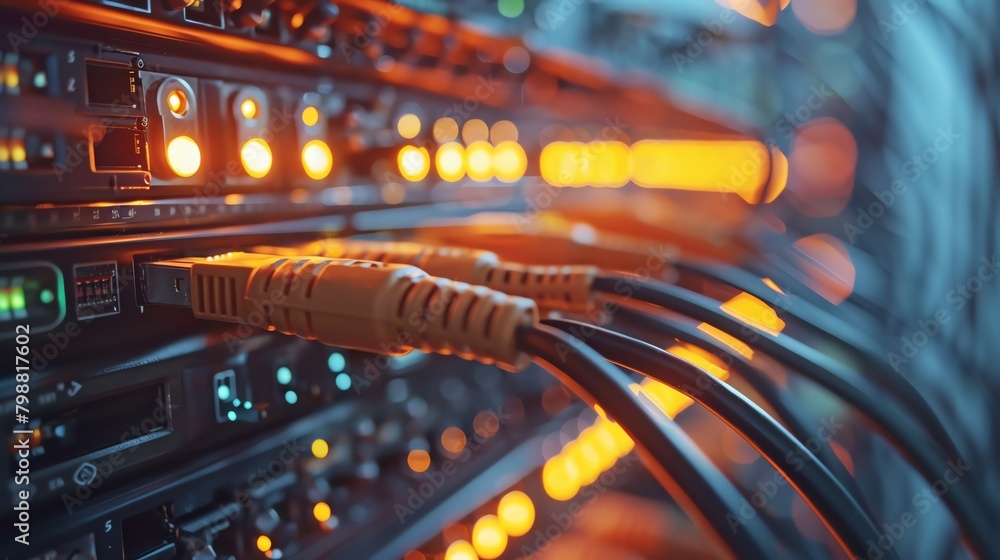 Close-up on fiber optic cables connected to a network switch, the backbone of cloud infrastructure Close-up on fiber optic cables connected to a network switch, the backbone of cloud infrastructure
