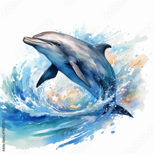 A watercolor painting of a dolphin jumping out of the water.