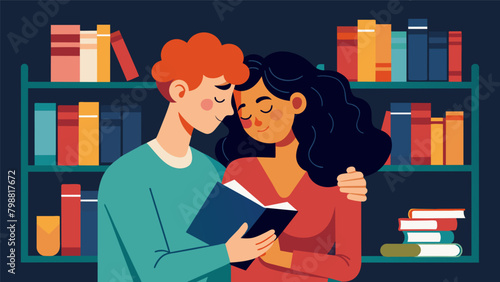 A bookish couple shares a quiet moment of connection as they cuddle up in a corner of the library silently reading each others favorite books.. Vector illustration