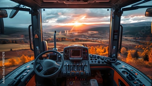 Inside a tractor cab control panel levers steering wheel countryside view. Concept Tractor, Cab, Control Panel, Levers, Steering Wheel, Countryside View