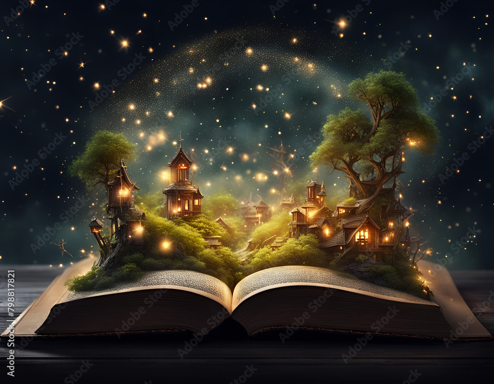 Fantasy world rising from the pages of an open. Concept of reading magic, make believe, imagination. Digital illustration. CG Artwork Background - obrazy, fototapety, plakaty 