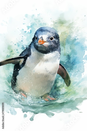 A watercolor painting of a penguin in the water