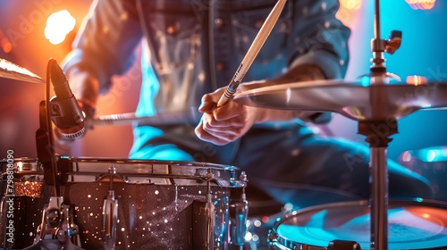 Drummer's intensity during a live performance, sticks in motion, sweat and passion, close-up on the action