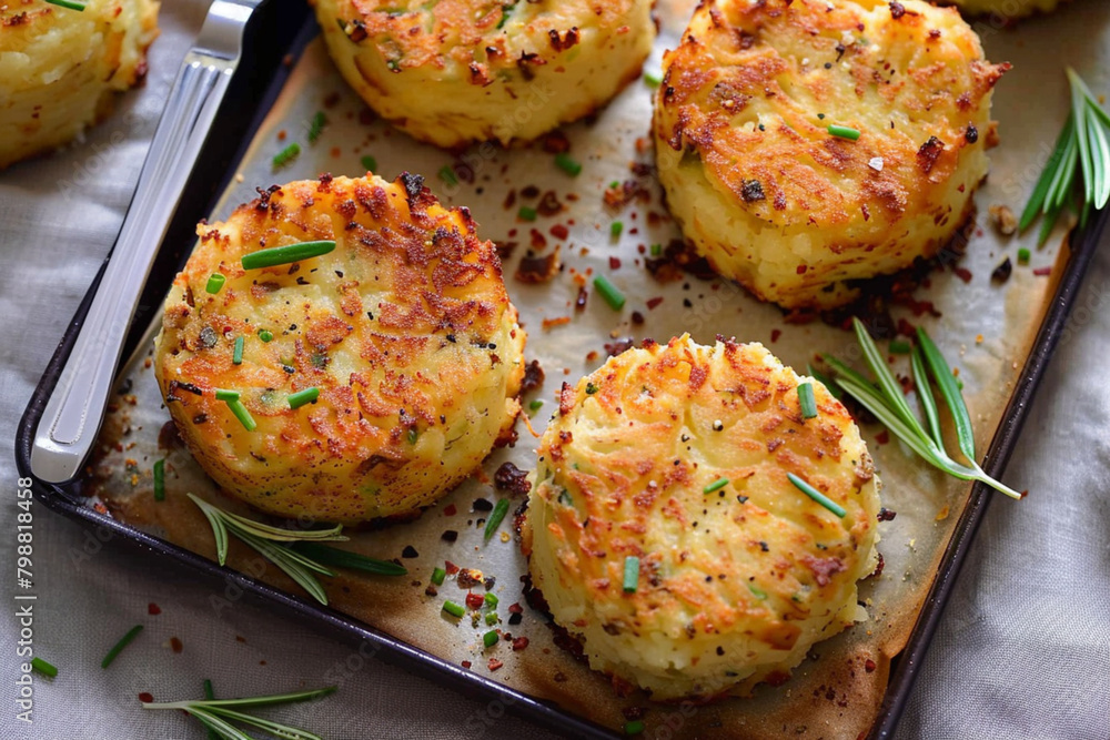Close-up Shot Top view, Oven Baked Mashed Potato Cakes, food photography Close-up Shot Top view, Oven Baked Mashed Potato Cakes, food photography
