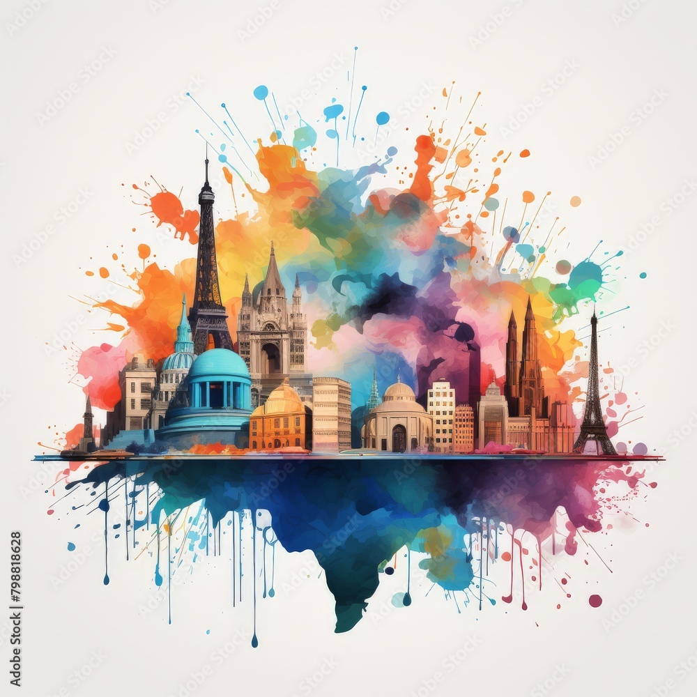Colorful watercolor painting of the most famous landmarks of the world ...