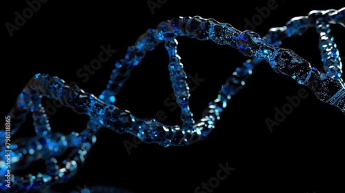 Visualize a captivating 3D image showcasing a close-up view of a dark blue DNA strand, filling the entire screen with its intricate details and mesmerizing beauty.