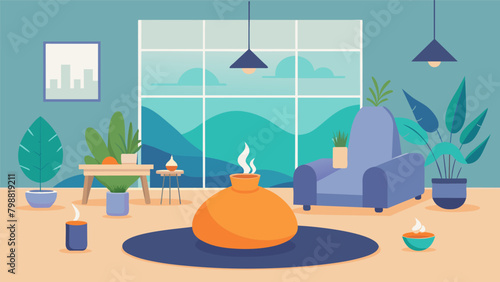 A peaceful oasis in the office with soft music essential oil diffusers and comfortable floor cushions for employees to unwind and recharge. Vector illustration