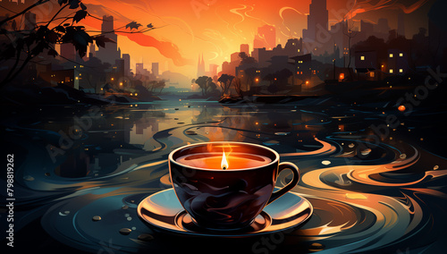 un lac serein la nuit avec les lumières de la ville illuminées en arrière-plan, une élégante tasse de café sur une table devant, le tout rendu dans une palette de couleurs dégradées douces.