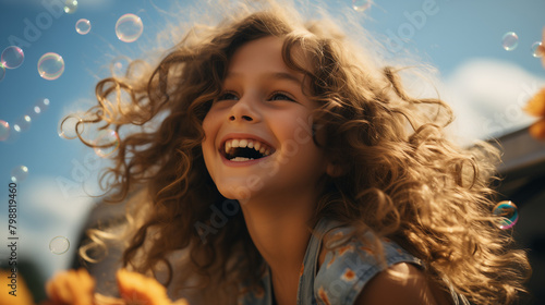 
Petite fille soufflant des bulles de savon dans l'air un jour d'été avec un ciel bleu et des nuages ​​blancs, dans des fleurs
