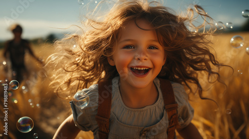 Une petite fille joue sur le terrain, entourée de bulles et de sourires sur son visage. Le soleil brille derrière elle alors qu'elle court à travers les champs de blé. Elle a les cheveux longs flottan photo