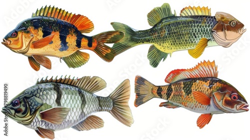 An illustration of different types of fish commonly used in aquaponics systems such as tilapia catfish and carp.. photo
