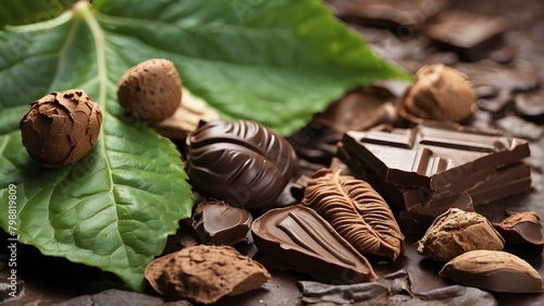 A close-up of chocolate and leaves, depicting a range of ripeness stages from green to brown. The chocolate's varying colors and textures are contrasted by the lush green leaves, creating a visually a photo