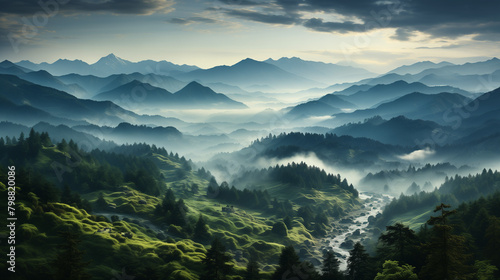 Un paysage forestier sombre et brumeux avec de grands arbres, des montagnes en arrière-plan et un clair de lune brillant à travers les nuages © arnaud