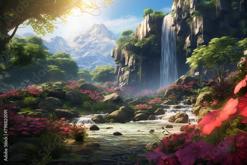 illustration of waterfall in the mountains