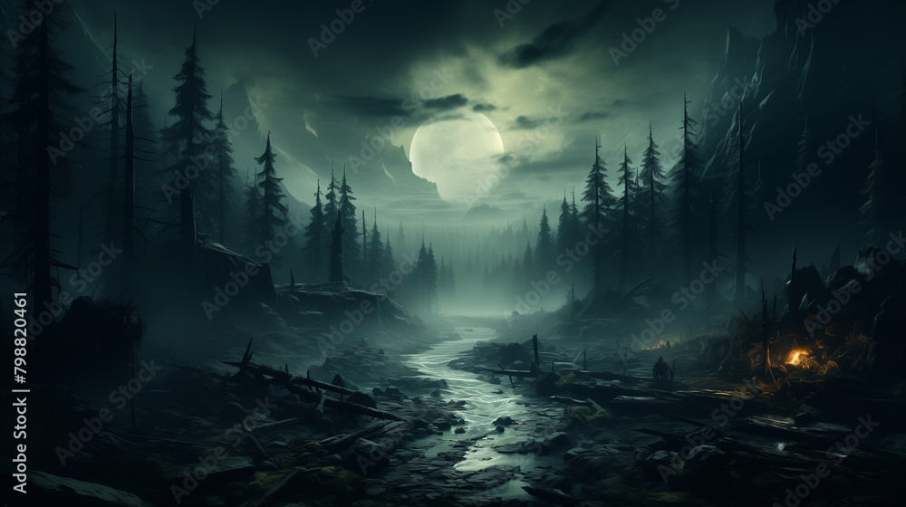 Fototapeta premium Un paysage forestier sombre et brumeux avec de grands arbres, des montagnes en arrière-plan et un clair de lune brillant à travers les nuages
