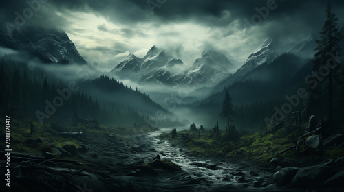 Un paysage forestier sombre et brumeux avec de grands arbres, des montagnes en arrière-plan et un clair de lune brillant à travers les nuages photo