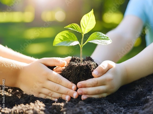 child planting green roots in moist soil in a sunny spot
