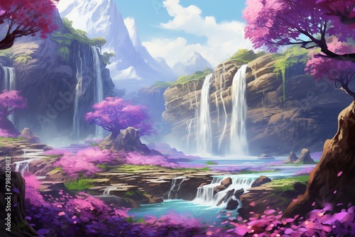 illustration of waterfall in the mountains