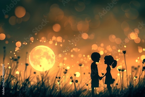 silhouettes of two figures against a moonlit dandelion field, bathed in the glow of a full moon with a backdrop of a sparkling bokeh effect, evoking feelings of serenity and connection with nature