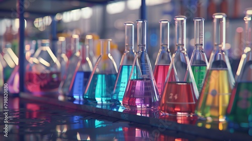 In this laboratory test scene with tubes and flasks on the periodic table of elements, every element is carefully curated to evoke a sense of wonder and curiosity, inviting viewers to embark on a jour photo