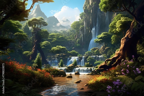 A beautiful fairytale enchanted forest with big trees  waterfalls and great vegetation. Digital painting background.