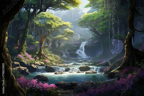 A beautiful fairytale enchanted forest with big trees  waterfalls and great vegetation. Digital painting background.