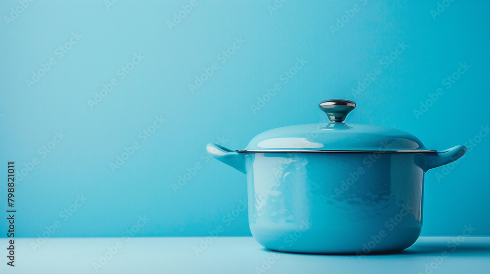 Elegant Blue Enameled Cookware on a Vibrant Background Elegant Blue Enameled Cookware on a Vibrant Background
