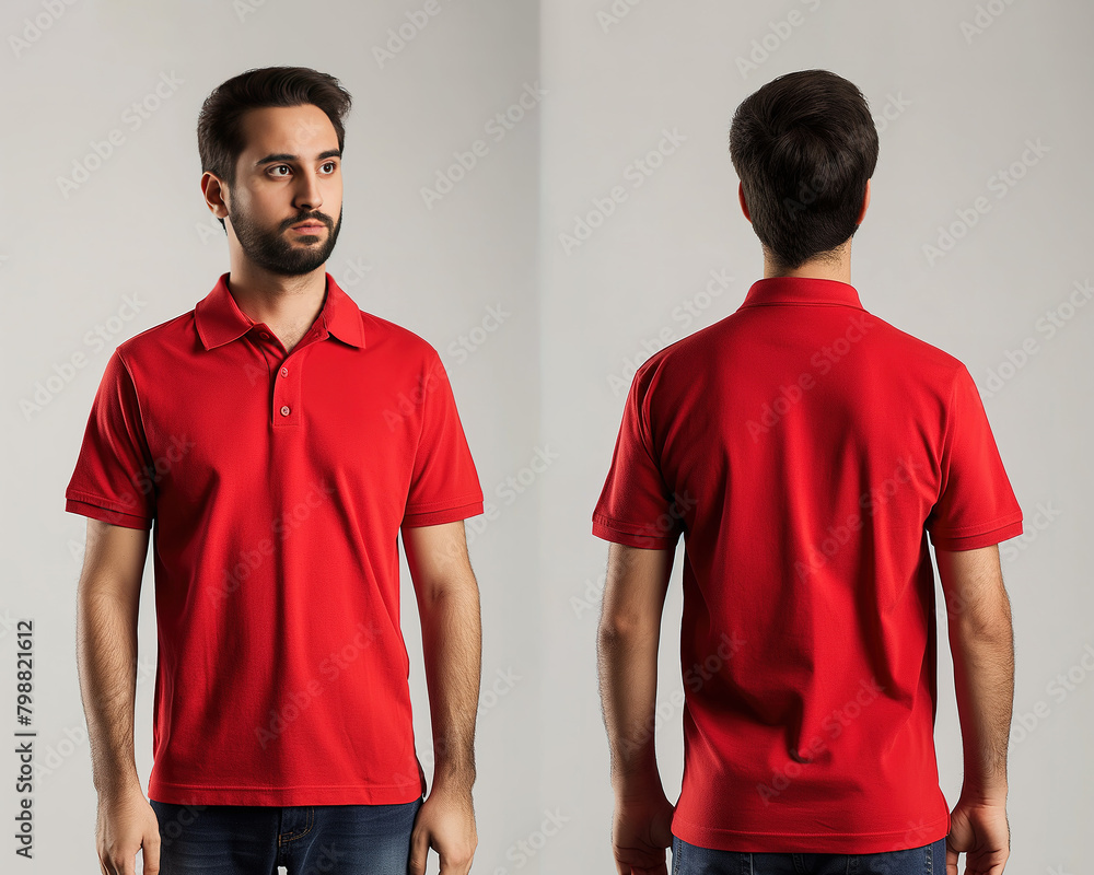 Front and back views of a man wearing a red polo shirt mockup template Front and back views of a man wearing a red polo shirt mockup template