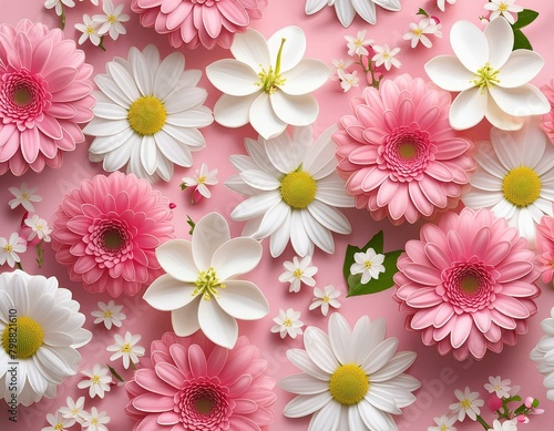 Several white and pink flowers - daisies, chrysanthemums, cherry blossom, on a seamless pastel pink background. Top view. Flat lay © Amli