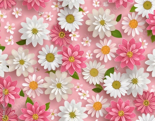 Several white and pink flowers - daisies, chrysanthemums, cherry blossom, on a seamless pastel pink background. Top view. Flat lay