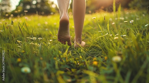 A person is walking barefoot through a grassy field.