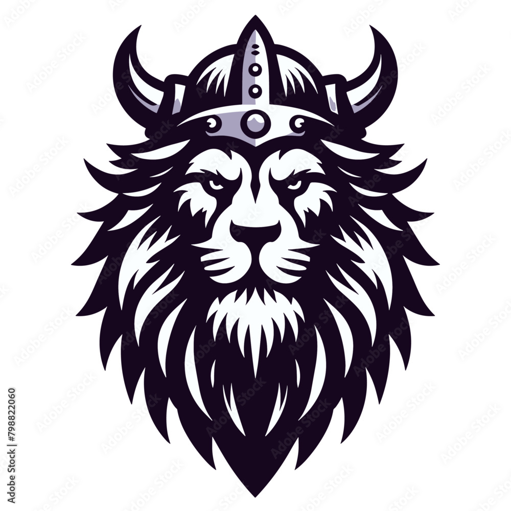 Obraz premium Embrace Norse mythology with this bold Viking lion silhouette vector. Blending a fierce lion with Viking motifs, this artwork epitomizes strength and regality in a minimalistic design.