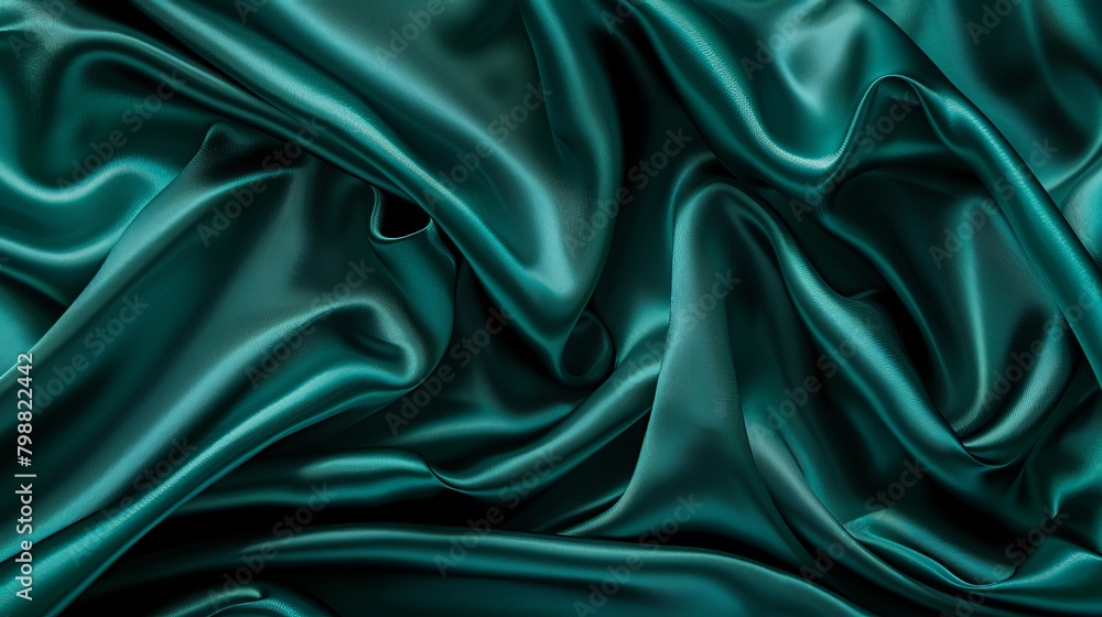 Obraz premium From a flat lay perspective, the teal green silk satin cascades gracefully across a tabletop, creating a visual feast for the senses. Its rich color captivates the eye, while the smoothness of the fab