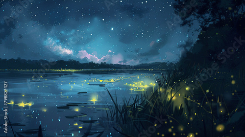 Liquid fireflies dance in the moonlight, painting the night sky with their soft, radiant glow. photo