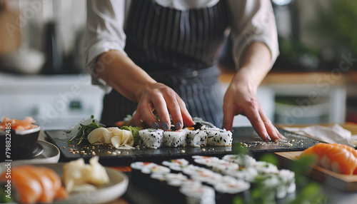 Woman preparing sushi rolls at table