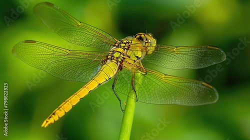 A yellow dragonfly is perched on a green leaf. Its wings are mostly transparent with a yellow tinge and black veins © Awais