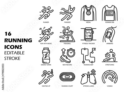 16 icons related to running. Editable stroke. Vector illustration