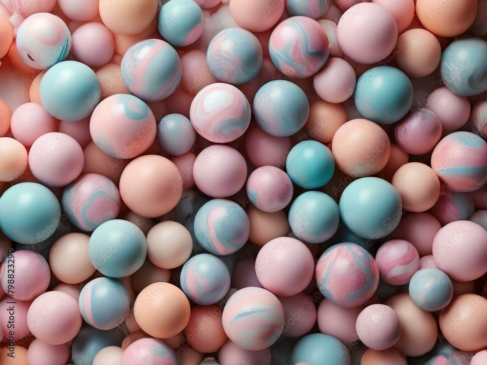 Top view of pastel spheres abstract background - various colors, gentle aesthetic colors.